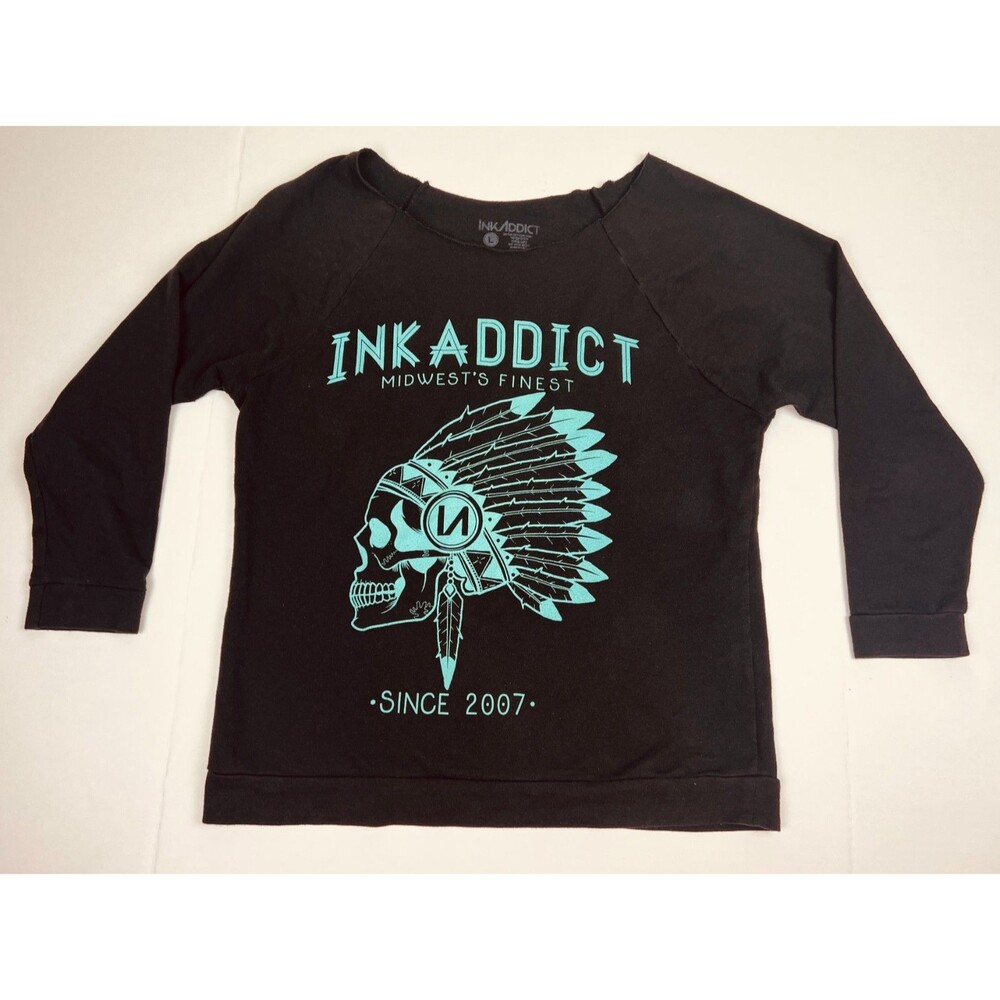 InkAddict Womens Black & Teal Skeleton Native American Long Sleeve Shirt Tattoo